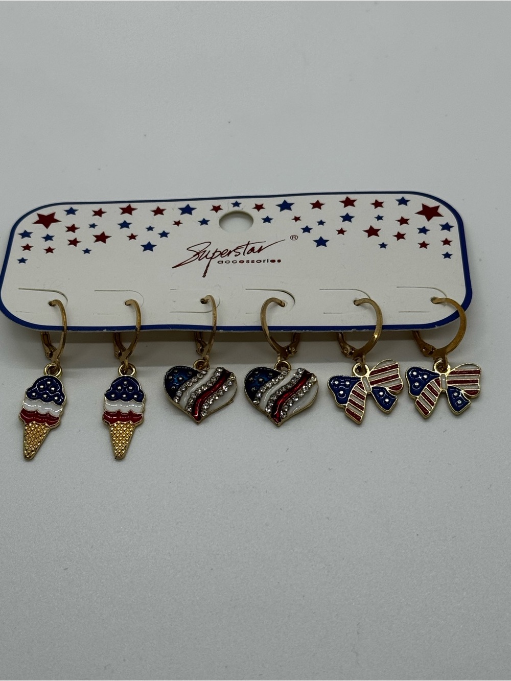 Superstar Red White Blue Patriotic Charm Hoop Earrings Set